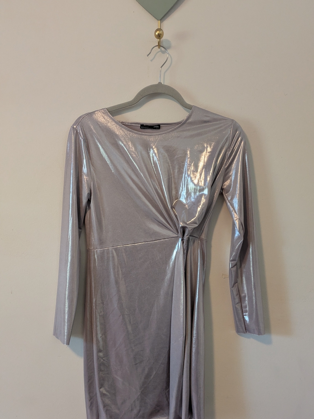 Zara Silver Metallic Long Sleeve Twist-Waist Dress